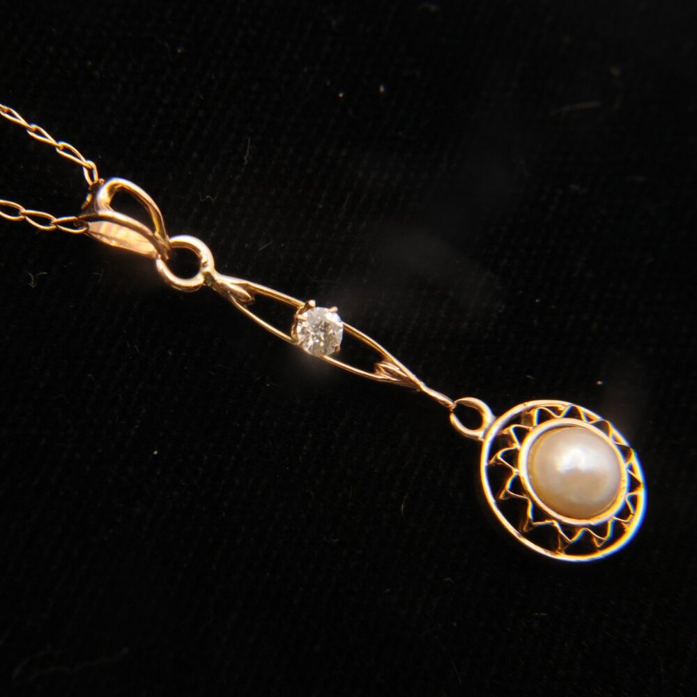 C10K Charles Keller Signed Art Nouveau 10KY Gold / Pearl / Diamond Necklace / 14